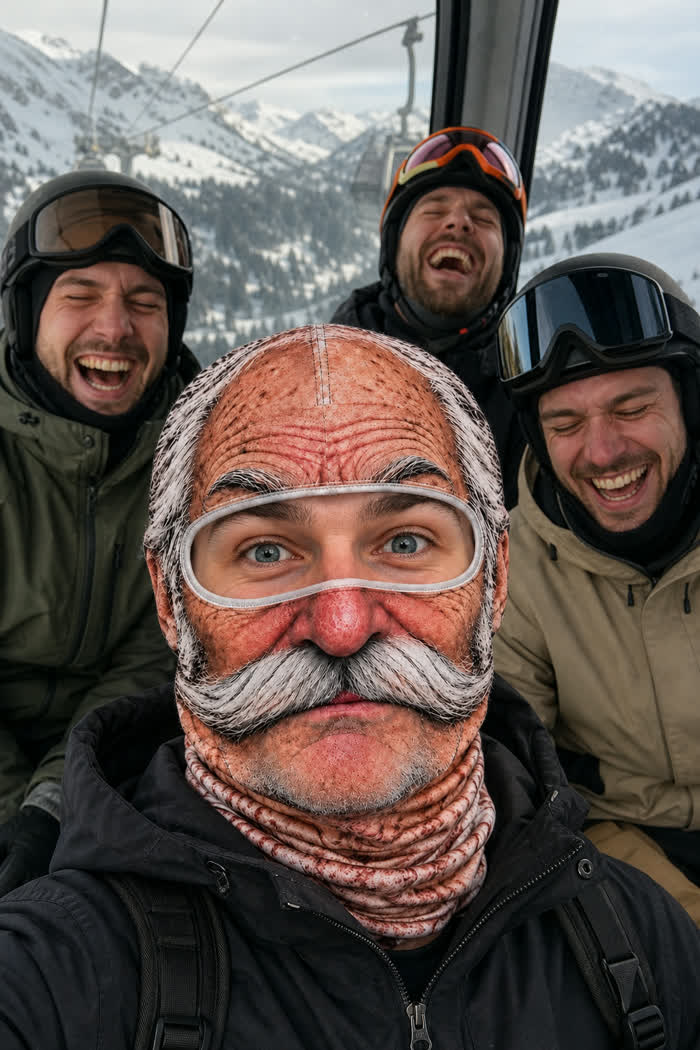 Skier wearing the Shred Gramps mask in a gondola